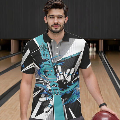 Custom Black And Blue Strike Bowling Men Polo Shirts, Bowling Team League Shirt With Name IPHW8760