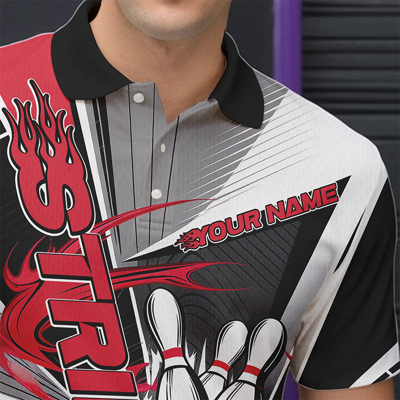 Custom Black And Red Strike Bowling Men Polo Shirts, Bowling Team League Shirt With Name IPHW8761