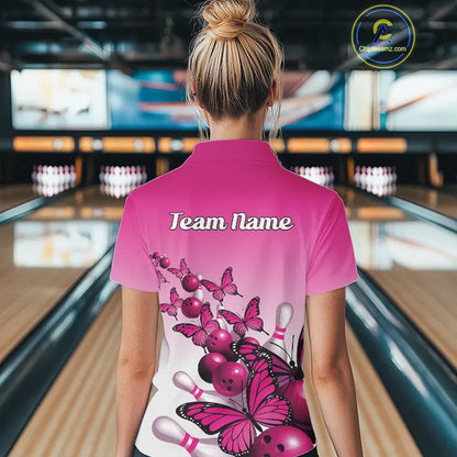 Custom Pink Gradient Butterfly Bowling Women Polo Shirts For Team, Bowling League Shirt IPHW9005