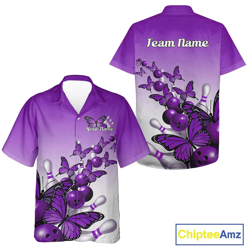 Custom Purple Gradient Butterfly Bowling Kid Hawaiian Shirts For Team, Bowling League Shirt IPHW9006