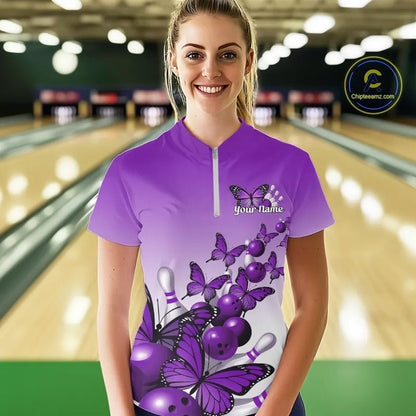 Custom Purple Gradient Butterfly Bowling Women Quarter-Zip Shirt, Bowling League Shirt IPHW9006