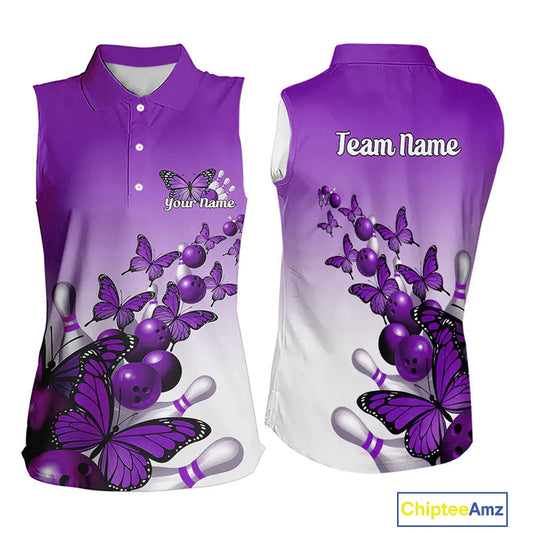 Custom Purple Gradient Butterfly Bowling Women Sleeveless Shirts For Team, Bowling League Shirt IPHW9006