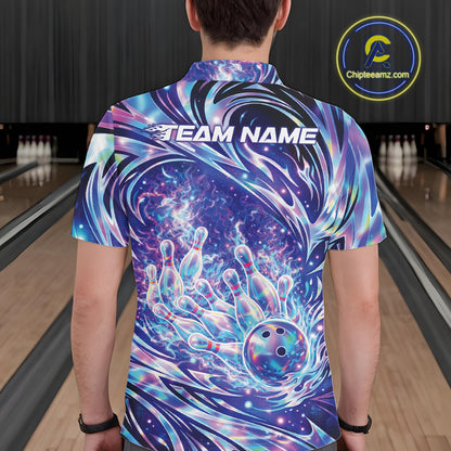 Back view of a bowling polo showcasing a cosmic bowling ball hitting pins graphic.
