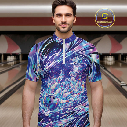 Male model in bowling lane wearing quarter-zip shirt with galaxy bowling ball hitting pins dynamic sports artwork