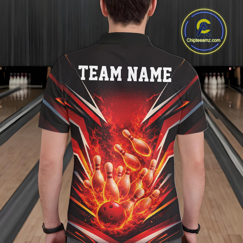Back view of a black and red bowling polo displaying flame-accented bowling graphics.