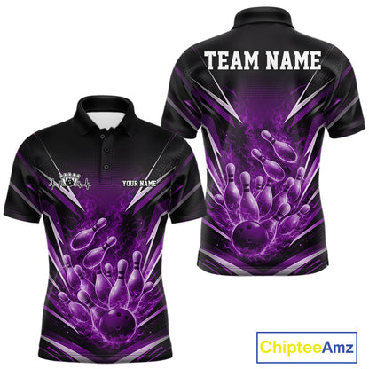 Mens black and purple bowling polo mockup shown front and back with flaming bowling ball strike artwork and fire burst effects.