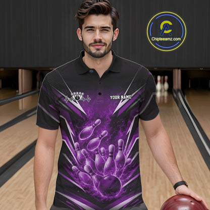 Male model wearing a black and purple bowling polo in a bowling alley featuring dynamic flaming bowling graphics.