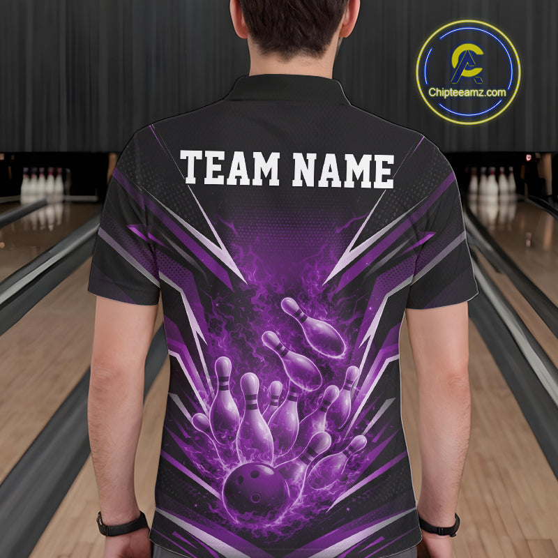 Back view of a black and purple bowling polo with explosive bowling-themed artwork and fiery accents.