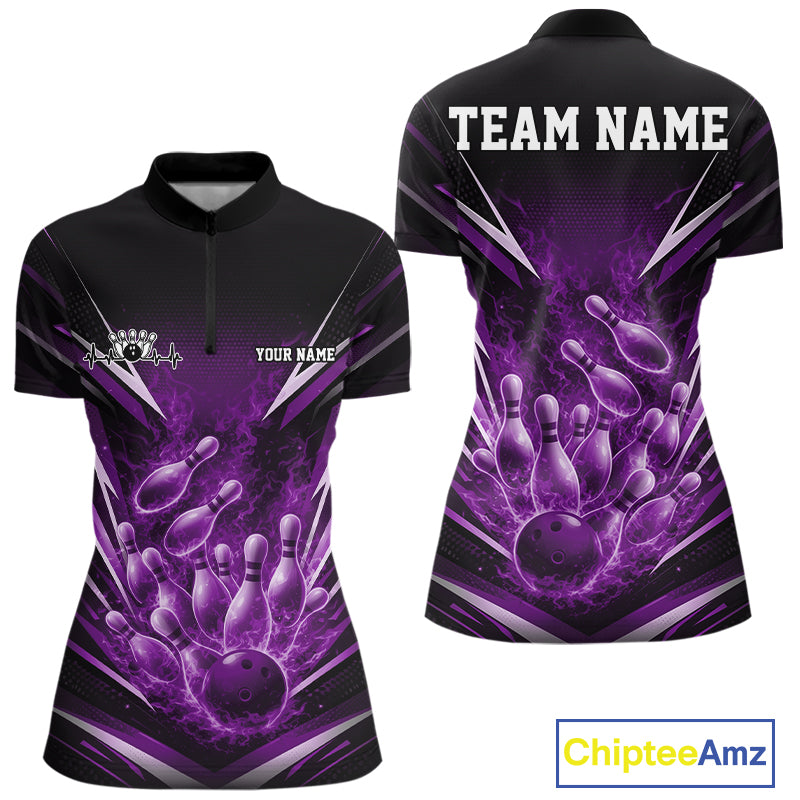 Front and back mockup of womens bowling quarter zip in black and purple showing flaming bowling ball striking pins with explosive fire burst dynamic sports artwork.