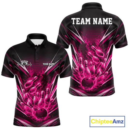 Front and back mens bowling polo mockup in black and pink featuring a flaming bowling ball striking pins with an explosive fire burst.