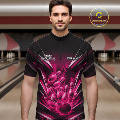 Male model in bowling lane wearing quarter-zip shirt with flaming bowling ball striking pins pink dynamic sports fire design