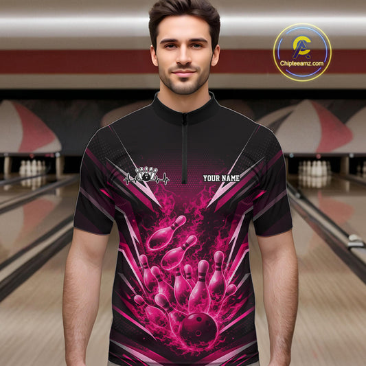 Male model in bowling lane wearing quarter-zip shirt with flaming bowling ball striking pins pink dynamic sports fire design
