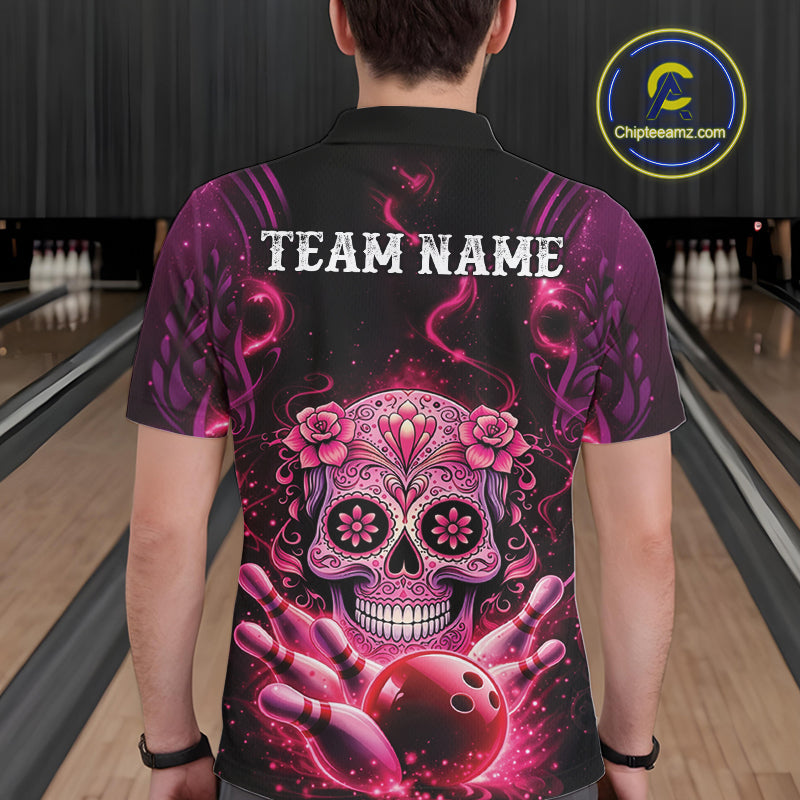 Back view of a male model wearing a black and pink bowling polo shirt featuring floral sugar skull and bowling pins design.
