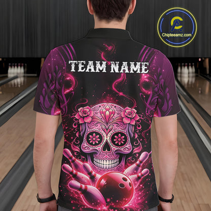 Back view of a male model wearing a black and pink bowling polo shirt featuring floral sugar skull and bowling pins design.