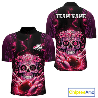 Front and back mockup of a black and pink mens bowling quarter-zip shirt featuring a floral sugar skull above a bowling ball and bowling pins.