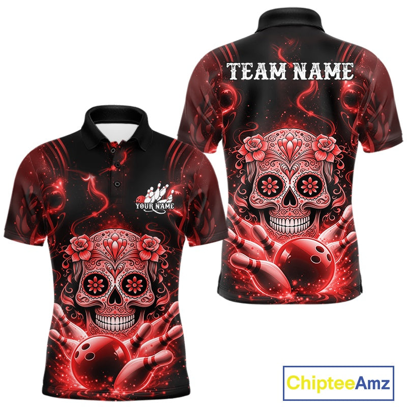 Front and back view of a black and red men’s bowling polo shirt featuring a floral sugar skull above a bowling ball with Day of the Dead bowling design.