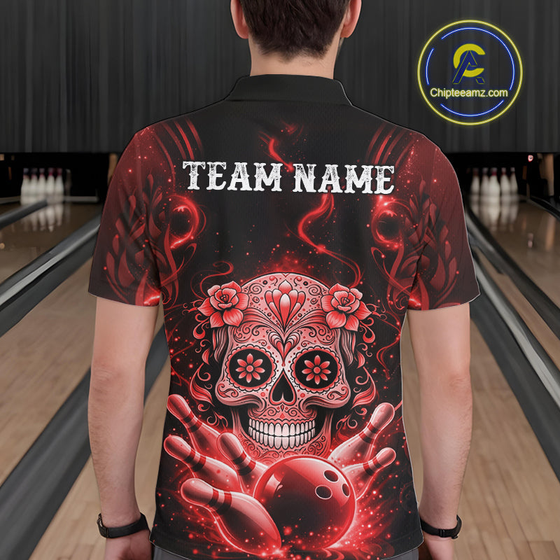 Back view of a male model in a bowling center wearing a black and red bowling polo shirt with floral sugar skull and bowling ball graphics.