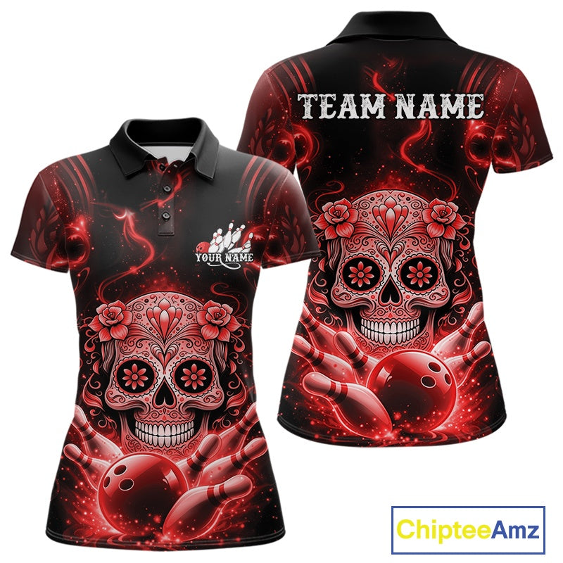 Front and back view of a black and red women’s bowling polo shirt featuring a floral sugar skull above a bowling ball and bowling pins.