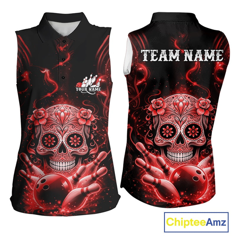 Front and back view of a black and red women’s sleeveless bowling shirt showcasing a floral sugar skull and bowling-themed Day of the Dead graphics.