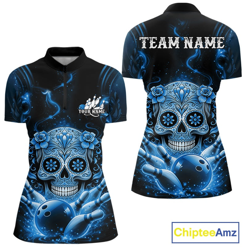 Front and back display of a black and blue women’s bowling quarter-zip shirt featuring a floral sugar skull above bowling pins and a bowling ball.