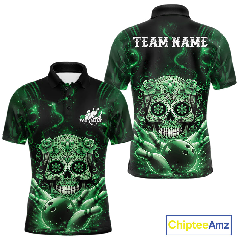 Front and back view of a black and green men’s bowling polo shirt featuring a floral sugar skull above a bowling ball and bowling pins.