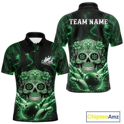 Front and back view of a black and green men’s bowling polo shirt featuring a floral sugar skull above a bowling ball and bowling pins.