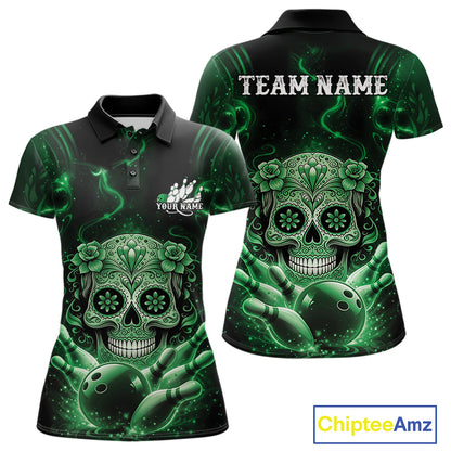 Front and back view of a black and green women’s bowling polo shirt showcasing a floral sugar skull above a bowling ball with Day of the Dead styling.