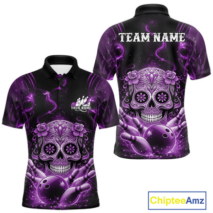 Front and back view of a black and purple men’s bowling polo shirt featuring a floral sugar skull above a bowling ball and bowling pins in Day of the Dead style.