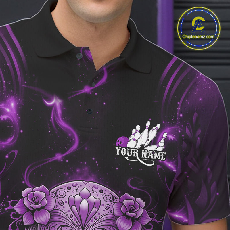 Close-up of a black and purple bowling polo shirt left chest showcasing Day of the Dead sugar skull above a bowling ball design.