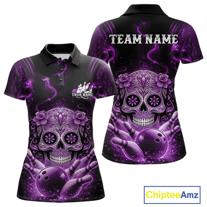 Front and back view of a black and purple women’s bowling polo shirt featuring a floral sugar skull above a bowling ball and bowling pins in Day of the Dead style.