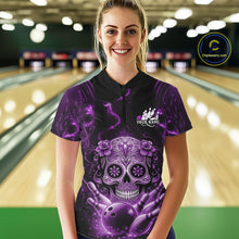 Load image into Gallery viewer, Custom Purple Sugar Skull Bowling Women Quarter-Zip Shirt, Halloween Team Bowling Outfit IPHW11148