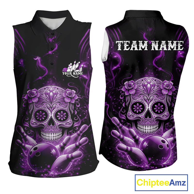 Front and back view of a black and purple women’s sleeveless bowling shirt featuring a floral sugar skull above a bowling ball and bowling pins in Day of the Dead style.