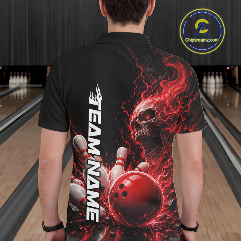Back view of a male model in a bowling alley wearing a black bowling polo with a red flaming skull, lightning, bowling pins, and a custom name.
