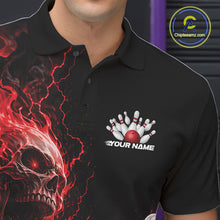 Load image into Gallery viewer, Close up of the left chest on a black bowling polo featuring a red flaming skull graphic with a custom name.