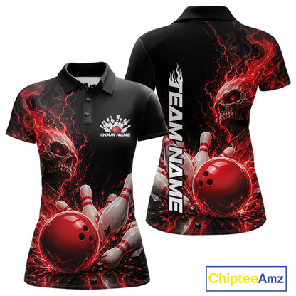 Front and back mockup of a black women's bowling polo featuring a red flaming skull, lightning, bowling pins, and a custom name.