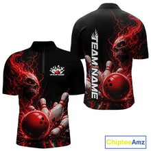 Load image into Gallery viewer, Front and back mockup of a black men's quarter zip bowling shirt featuring a red flaming skull, lightning, bowling pins, and a custom name.
