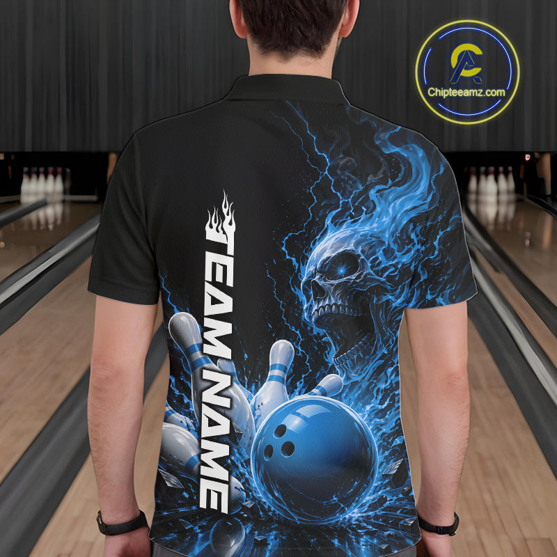Back view of a male model in a bowling alley wearing a black bowling polo shirt featuring a blue fiery skull design with lightning striking a bowling ball and pins and a custom name.
