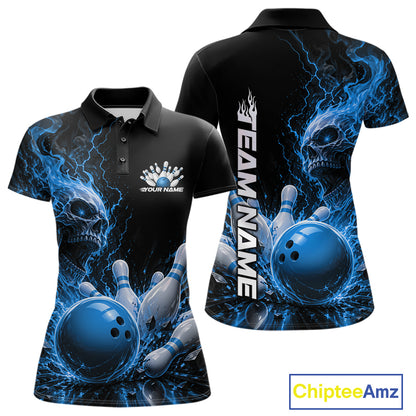 Front and back mockup of a black women's bowling polo featuring a blue flaming skull, lightning, bowling pins, and a custom name.
