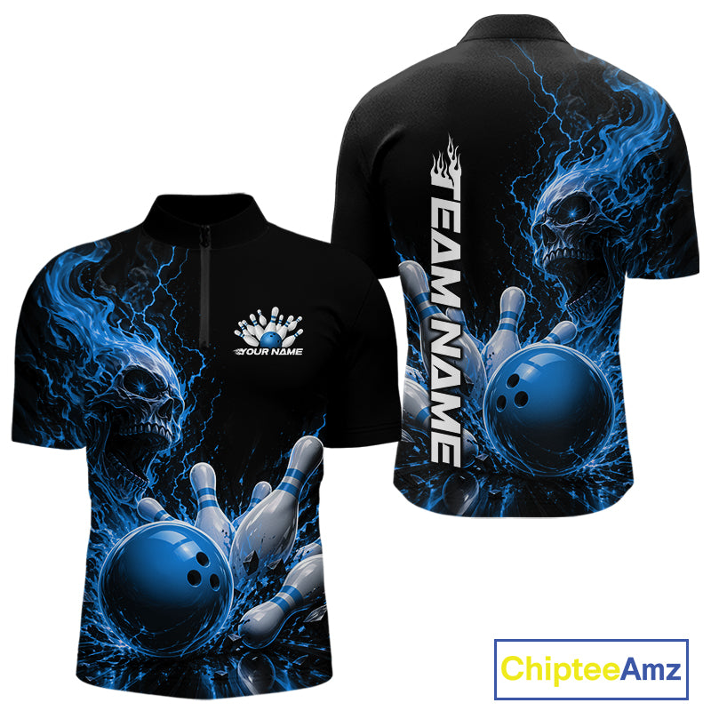 Front and back mockup of a black men's quarter zip bowling shirt featuring a blue flaming skull, lightning, bowling pins, and a custom name.
