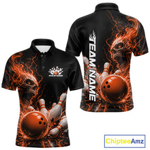 Load image into Gallery viewer, Front and back mockup of a black men's bowling polo featuring an orange flaming skull, lightning, bowling pins, and a custom name.
