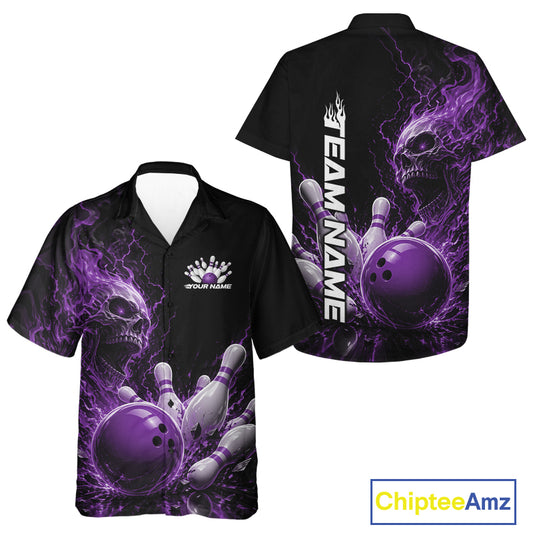 Front and back mockup of a button up bowling shirt featuring a purple flaming skull, lightning, bowling pins, and a custom name.
