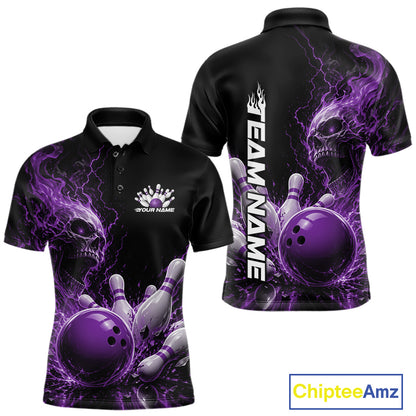Front and back mockup of a black men's bowling polo featuring a purple flaming skull, lightning, bowling pins, and a custom name.
