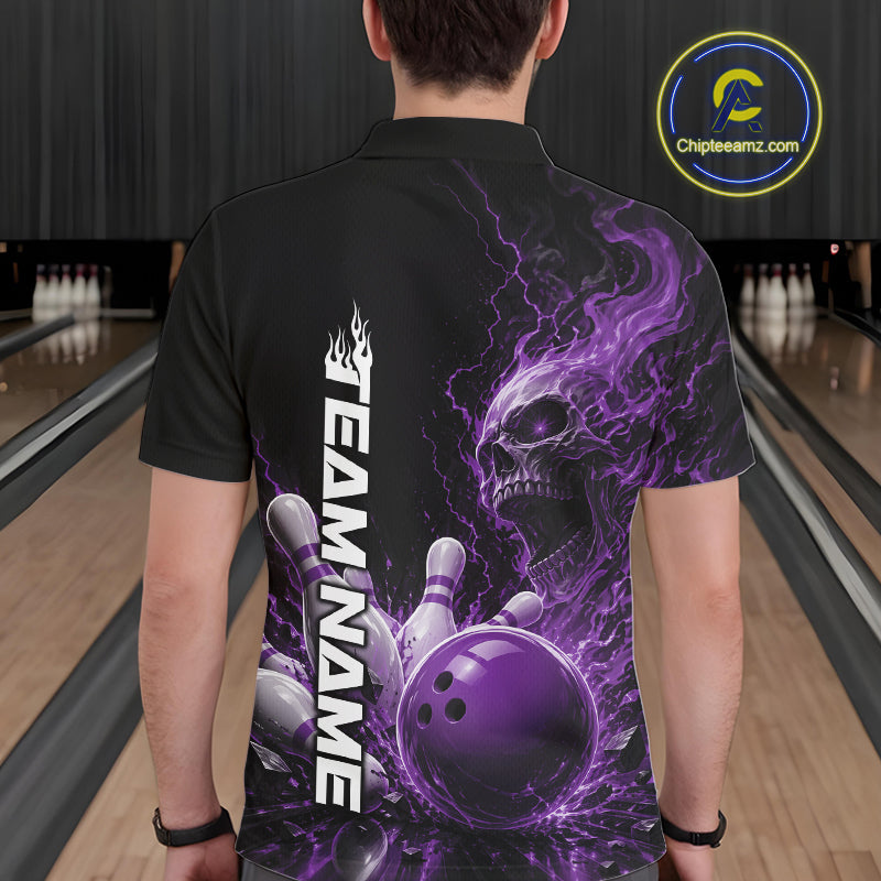 Back view of a male model in a bowling alley wearing a black bowling polo shirt featuring a purple fiery skull design with lightning striking a bowling ball and pins and a custom name.
