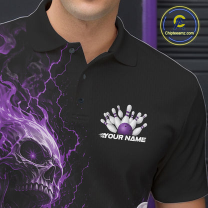 Close up of the left chest on a black bowling polo featuring a purple flaming skull graphic with a custom name.
