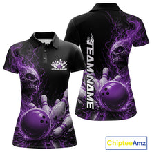 Load image into Gallery viewer, Front and back views of a women's bowling polo shirt mockup featuring a purple fiery skull design with lightning striking a bowling ball and pins and a custom name.