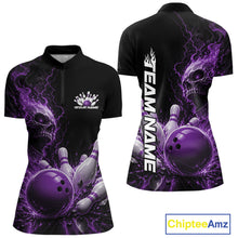 Load image into Gallery viewer, Front and back mockup of a black women's quarter zip bowling shirt featuring a purple flaming skull, lightning, bowling pins, and a custom name.
