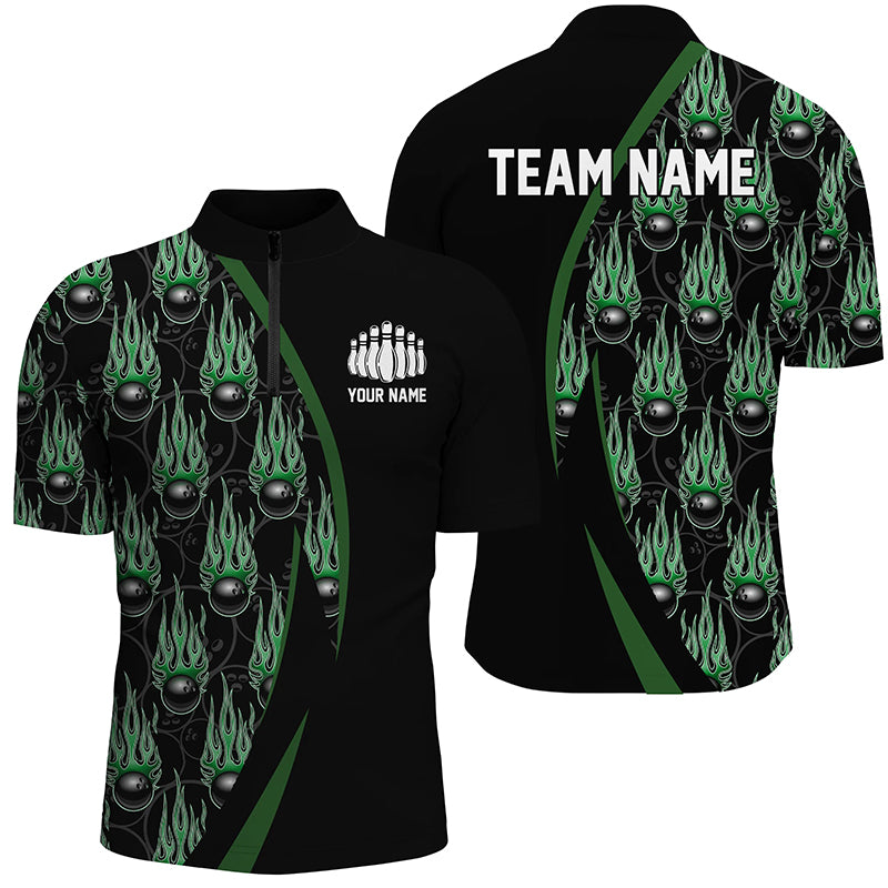 Green Flame Bowling Ball Pattern Custom Bowling Shirts For Men, Fire Bowling League Outfits IPHW6734