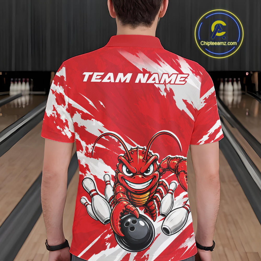 Back view of a male model in a bowling alley wearing a red custom bowling polo shirt with a fierce yet funny crawfish bowling character and a distressed background design.