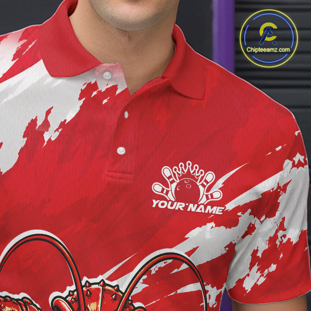 Close up front view of the left chest area on a red custom bowling polo shirt featuring a fierce yet funny crawfish bowling character and a distressed background design.