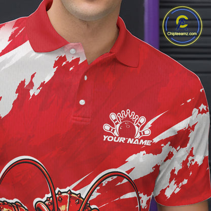 Close up front view of the left chest area on a red custom bowling polo shirt featuring a fierce yet funny crawfish bowling character and a distressed background design.